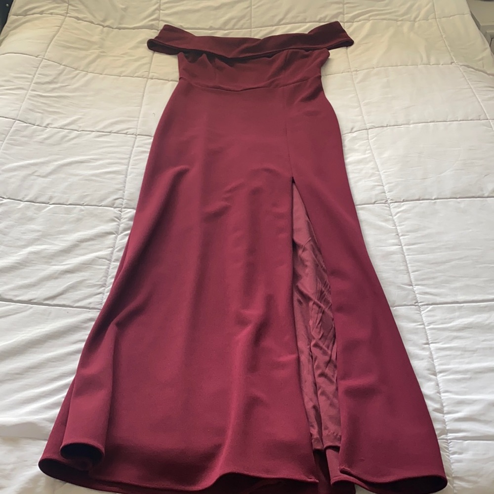 off the shoulder wedding guest maxi dress w/slit